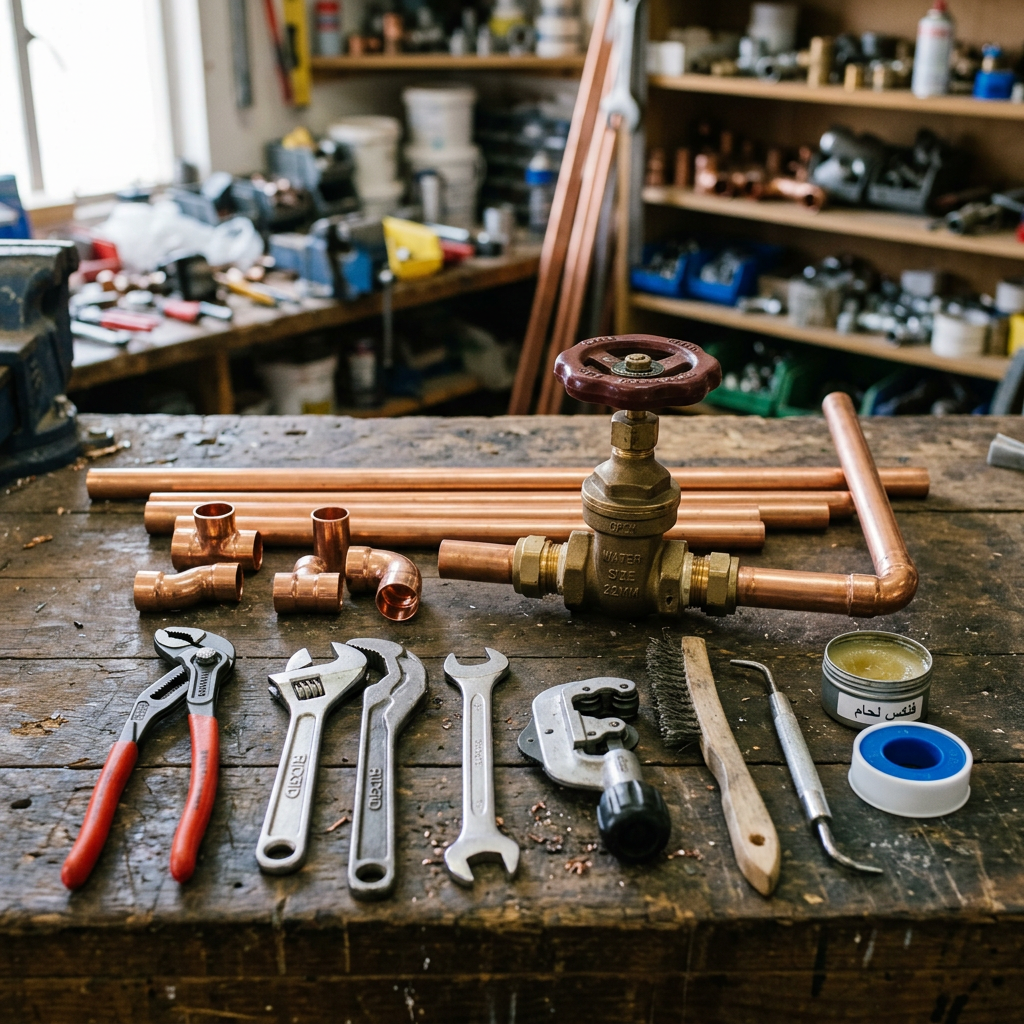 Plumbing tools, copper pipes, fittings, and water shutoff valve on workbench